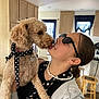 Phoenix is registered to the contest to win money with this photo: dog, person, indoor, affection, polka_dot, scarf, sunglasses, pearls, smile, kiss, curly_hair, light, cabinet, stool, window, curtain, holding, face, happy, casual_clothing