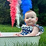 baby, child, grass, outdoor, tub, blue_smoke, red_smoke, white_smoke, stars, dress, patriotic, cute, portrait, nature, greenery, summer, smile, sitting, fun, celebration