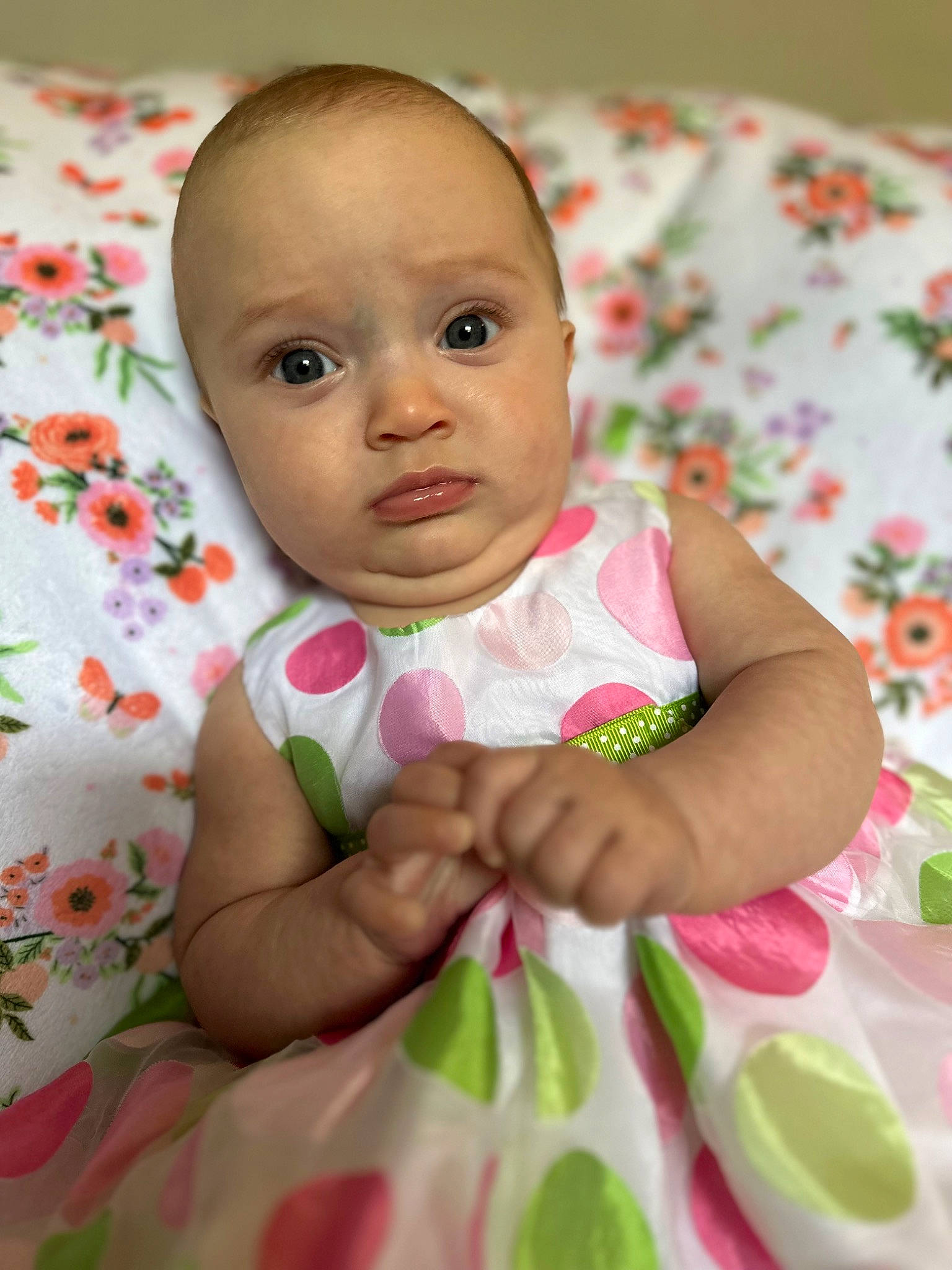 Elaina joined the competition — help win amazing prizes! baby, baby_toddler_clothing, cheek, child, chin, close_up, comfort, eye, face, happy, head, iris, linens, lip, nose, person, petal, pink, skin, sleeve