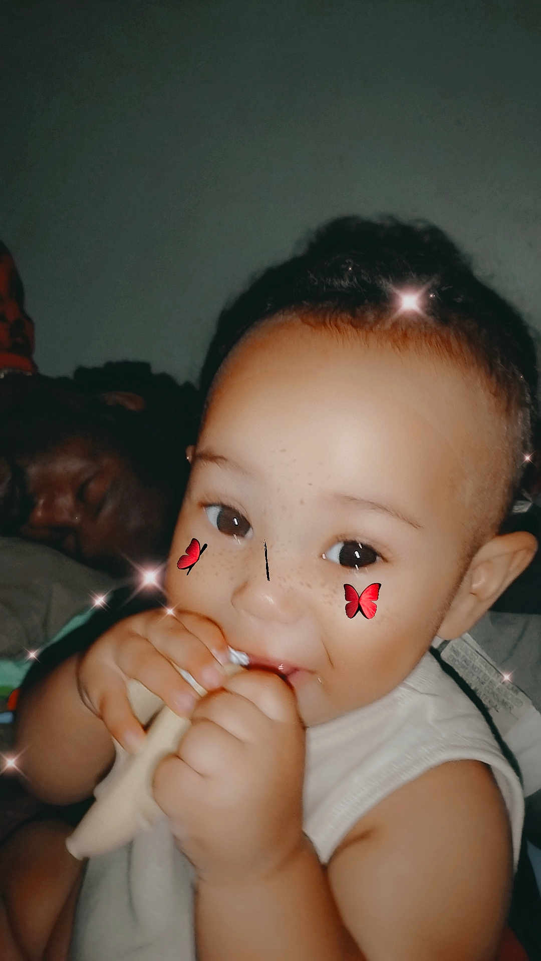 Andrew joined the competition — help win amazing prizes! baby, child, face, hands, toy, butterfly_filter, sparkles, person, sleeping, indoor, cute, freckles, skin, happy, chewing, closeup, infant, portrait, filter, smiling