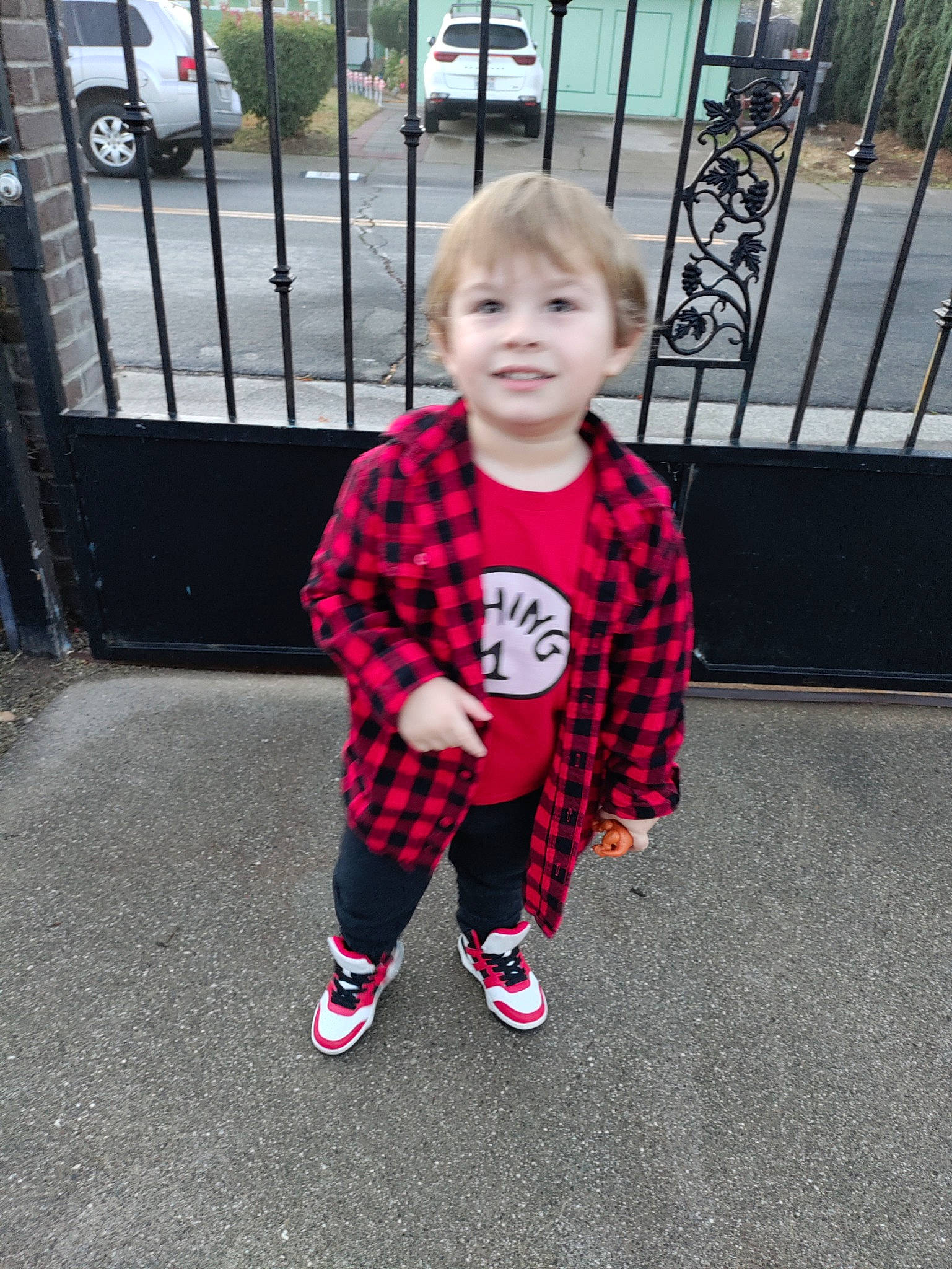 Devon joined the competition — help win amazing prizes! asphalt, baby_toddler_clothing, car, child, cool, fence, flooring, grass, joy, outerwear, pattern, person, plaid, plant, sleeve, smile, sportswear, t_shirt, tire, toddler