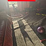 animal, basket, carpet, dog, door, floor, furniture, home, indoor, light, mat, pet, purple_ball, red_text_overlay, shadow, shadow_play, small_dog, sunlight, toy, window