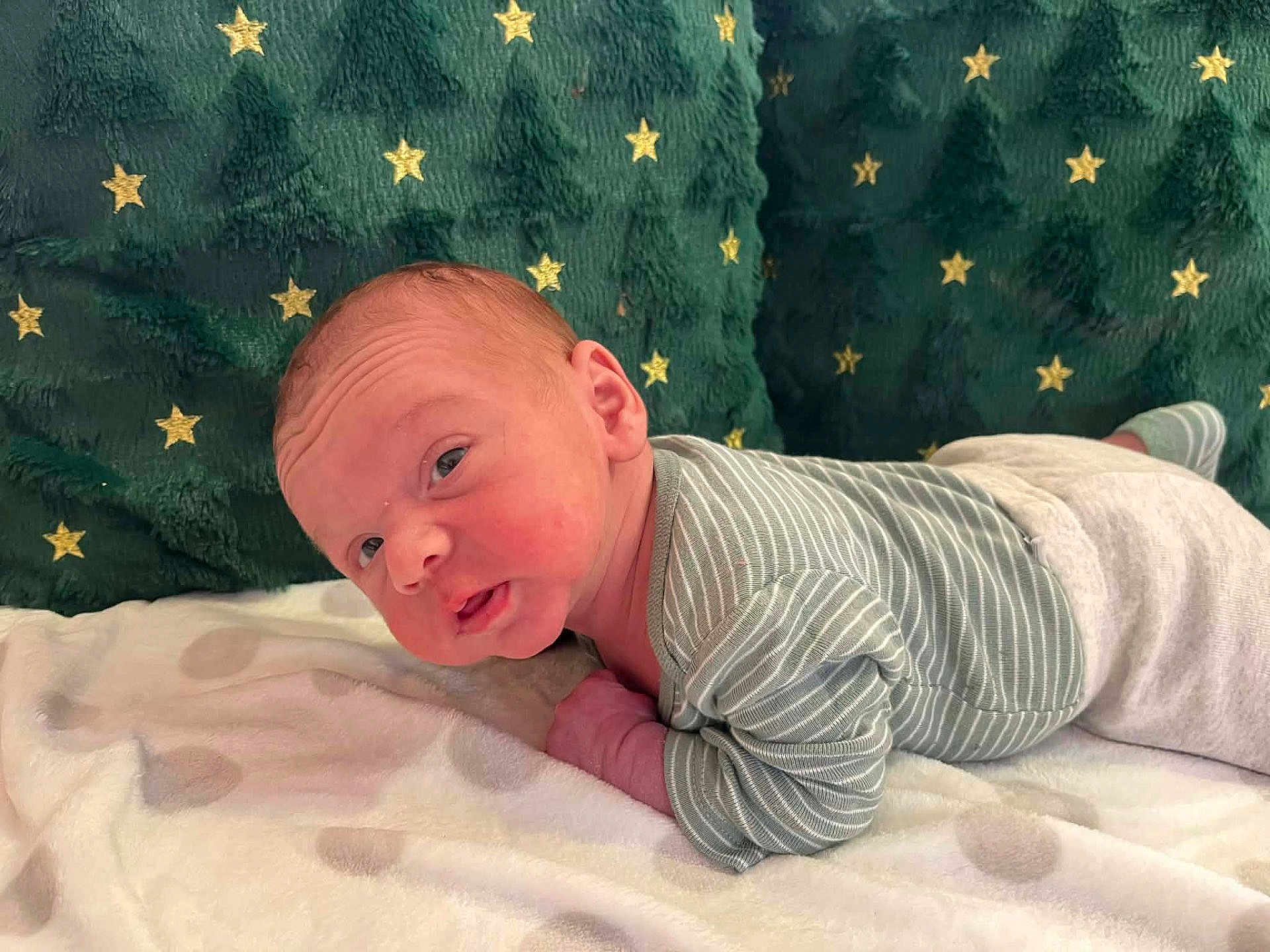Charles is registered to the contest to win money with this photo: baby, newborn, infant, tummy_time, blanket, pillow, green, stars, gold, striped_clothing, soft, cute, face, expression, indoors, cozy, resting, child, person, portrait
