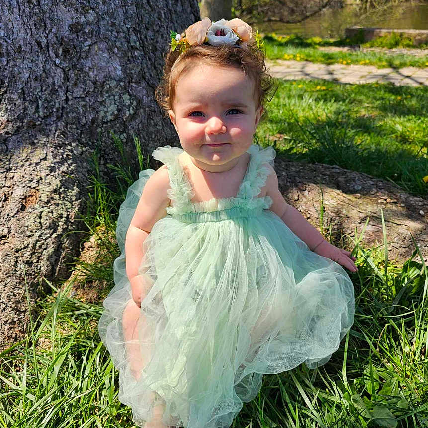 Elora is registered to the contest to win money with this photo: child, clothing, dress, face, female, formalwear, girl, grass, grove, head, land, nature, outdoors, park, person, photography, plant, portrait, tree, vegetation