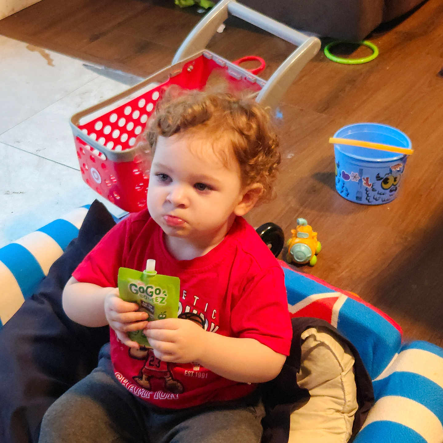 Loki is registered to the contest to win money with this photo: basket, box, boy, bucket, child, clothing, couch, cup, face, food, furniture, head, male, pants, person, photography, portrait, sweets, t_shirt, tape