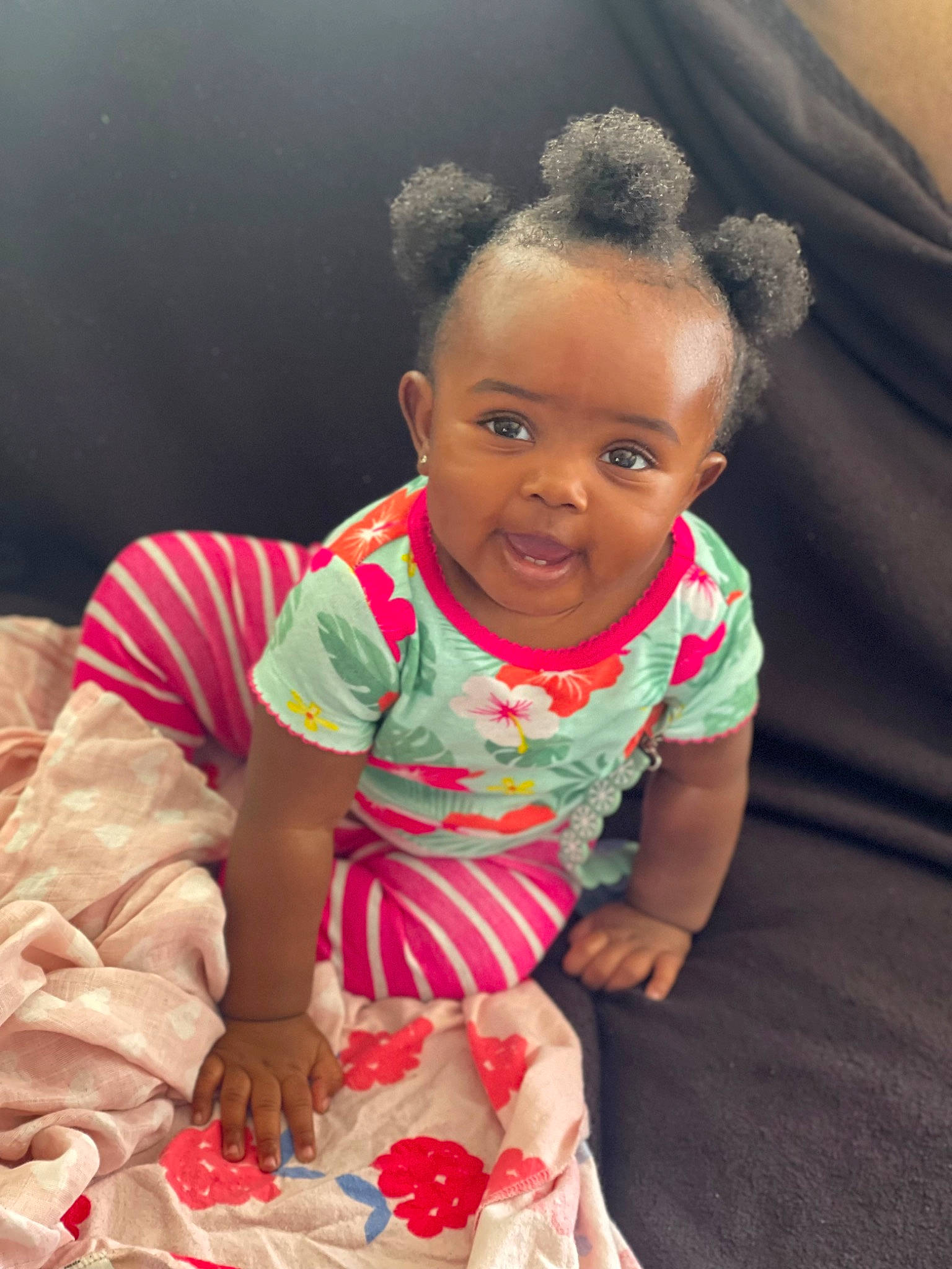 Jourdyn joined the competition — help win amazing prizes! baby, baby_toddler_clothing, cheek, child, dress, event, flash_photography, fun, happy, human, magenta, pattern, person, pink, sitting, skin, sleeve, smile, t_shirt, toddler