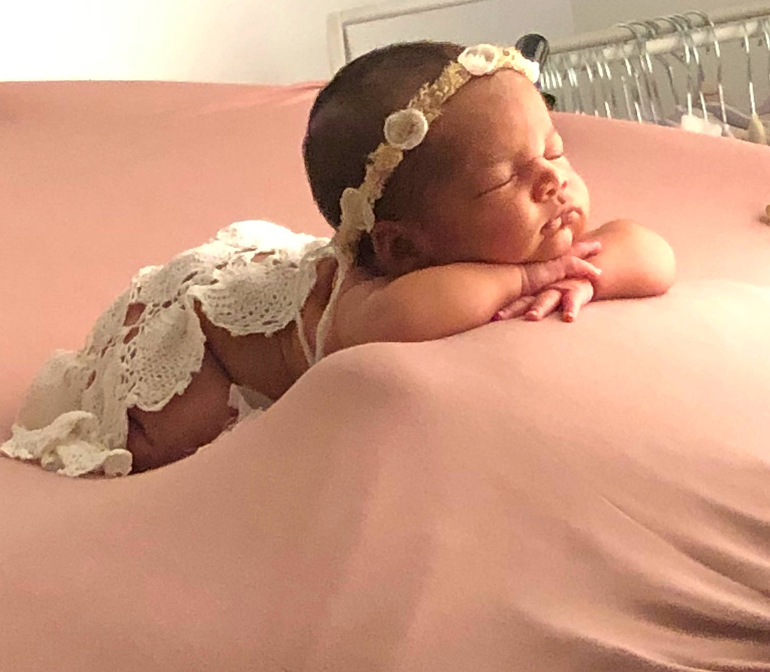 Jaelynn joined the competition — help win amazing prizes! baby_sleeping, bed, bed_sheet, bedding, blanket, comfort, costume_accessory, crown, embellishment, hair_accessory, headband, headpiece, linens, person