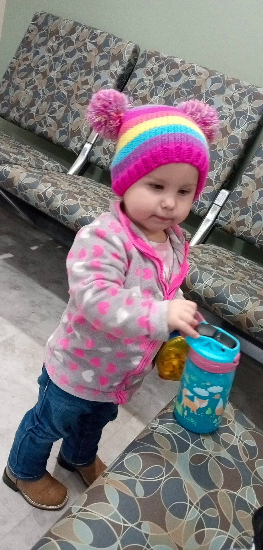 Chloee is registered to the contest to win money with this photo: baby, baby_toddler_clothing, beanie, cap, child, fashion_accessory, fun, headwear, jacket, knit_cap, magenta, pattern, person, pink, play, sleeve, snapshot, toddler, tree, winter