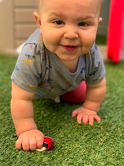 Aidyn joined the competition — help win amazing prizes! baby, baby_toddler_clothing, cheek, chin, eye, face, facial_expression, flooring, green, hairstyle, hand, head, joy, leaf, leg, nose, people_in_nature, person, photograph, skin