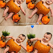 Felix is registered to the contest to win money with this photo: baby, infant, child, smiling, halloween, pumpkin, jack_o_lantern, costume, portrait, photo_collage, four_panel, indoor, celebration, orange, plant, decorations, sitting, lying_down, happy, text_overlay