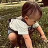 Felix is registered to the contest to win money with this photo: toddler, child, outdoor, park, grass, dandelion, flowers, nature, sitting, crouching, exploring, curious, hair, profile, shorts, t_shirt, overalls, tree, sunlight, portrait