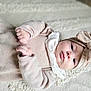 baby, beige, blanket, bow, child, clothing, cozy, cute, eyes, face, hands, headband, indoors, infant, lace, lying_down, newborn, portrait, soft, texture