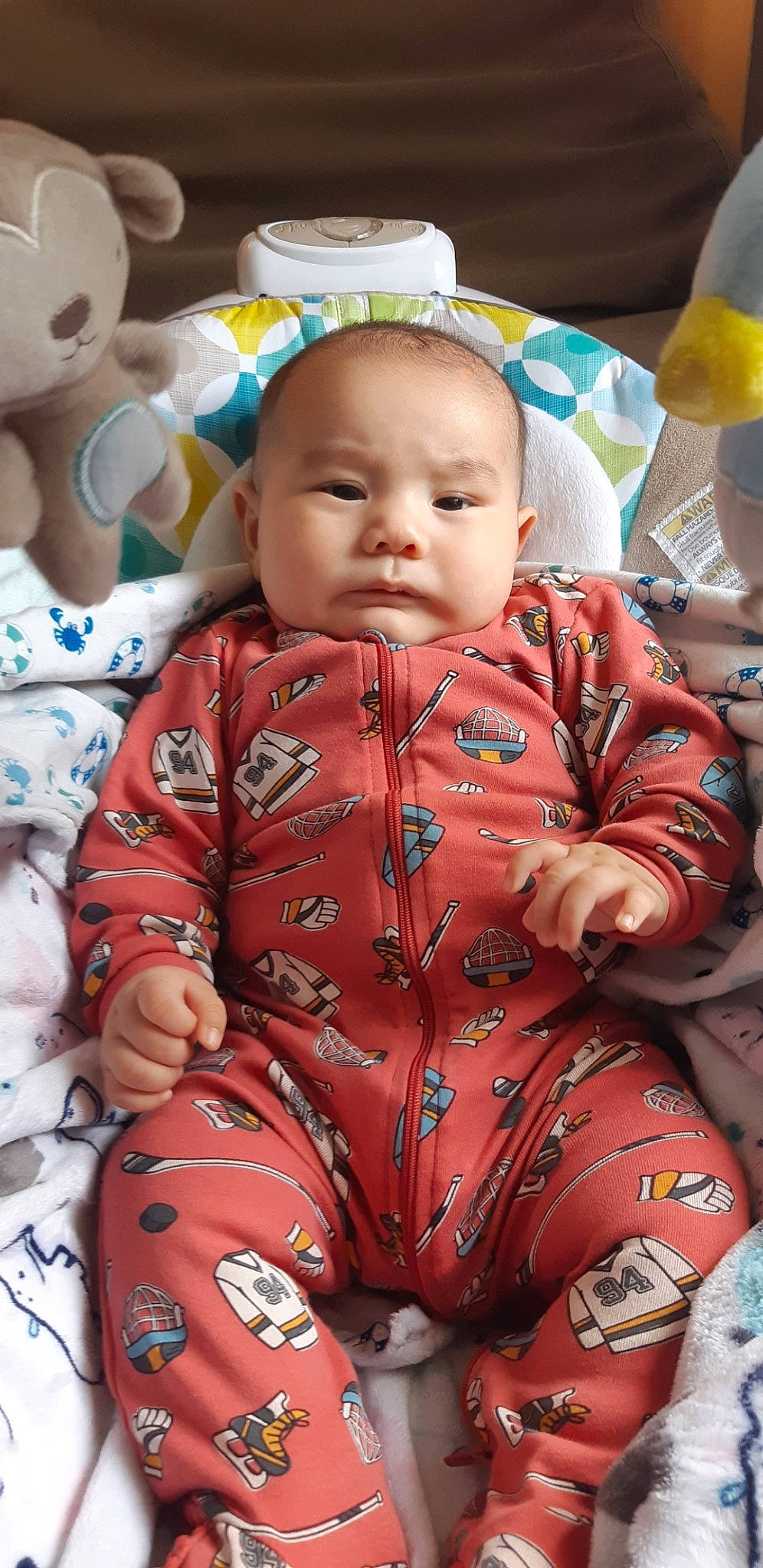 Johnny joined the competition — help win amazing prizes! baby, baby_toddler_clothing, cheek, child, collar, eye, fun, happy, head, linens, mouth, nose, pattern, person, sitting, skin, sleeve, textile, toddler, toy