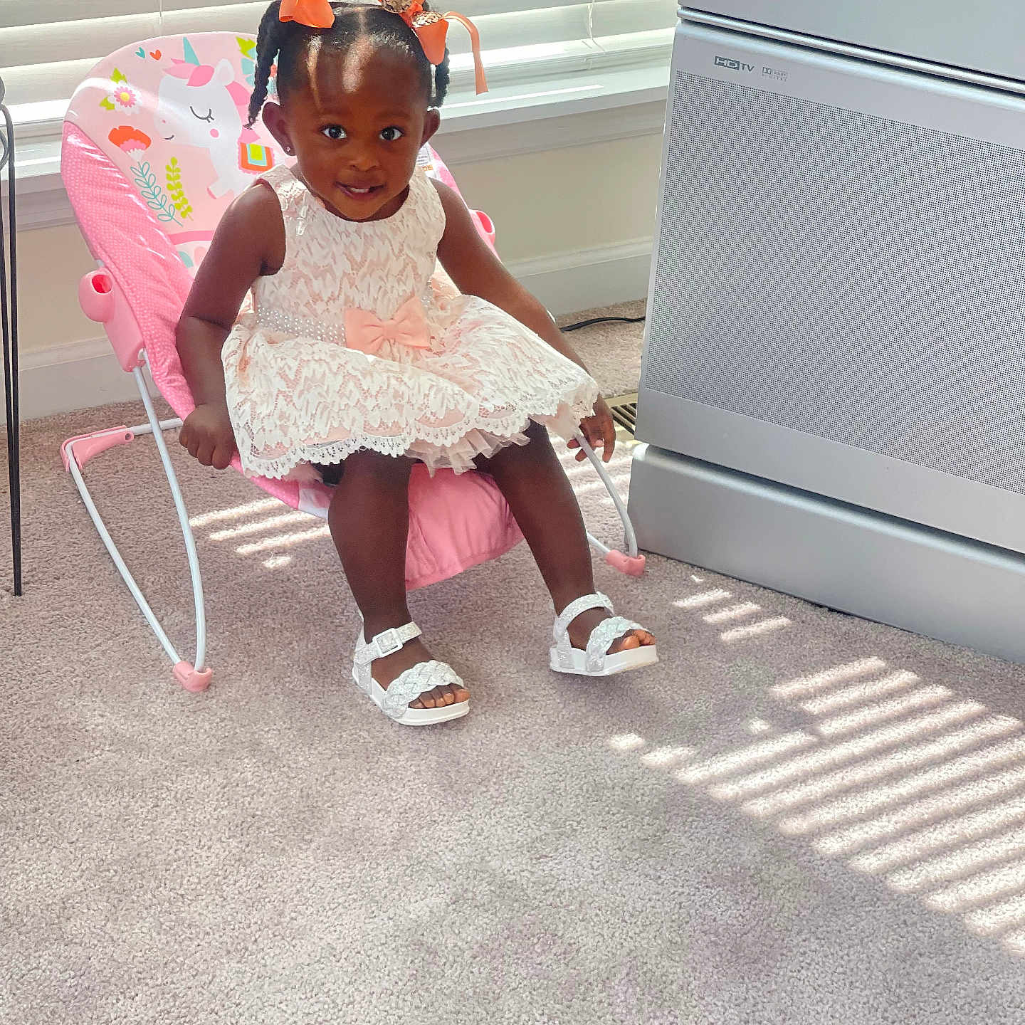 Dominique joined the competition — help win amazing prizes! chair, child, clothing, dress, face, female, footwear, furniture, girl, head, highchair, homedecor, person, photography, portrait, rockingchair, sandal, shoe, sitting, sleeve