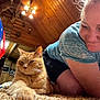 Lyrical is registered to the contest to win money with this photo: cat, orange_tabby, woman, carpet, wooden_ceiling, indoor, cabin, furniture, lighting, relaxed, pet, person, smile, casual_clothing, paw, face, closeup, cozy, home, interaction