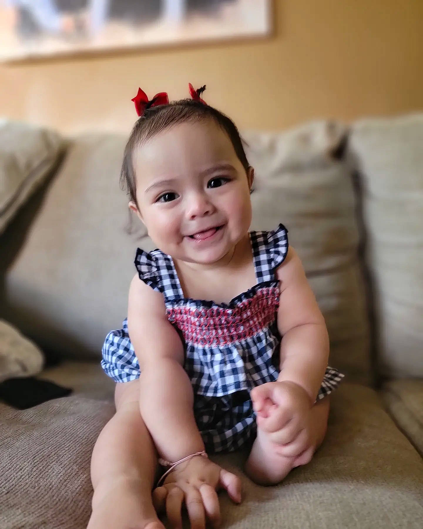 Alannah joined the competition — help win amazing prizes! arm, baby, baby_toddler_clothing, cheek, chin, comfort, couch, dress, eye, face, finger, happy, head, joy, leg, neck, person, picture_frame, skin, sleeve