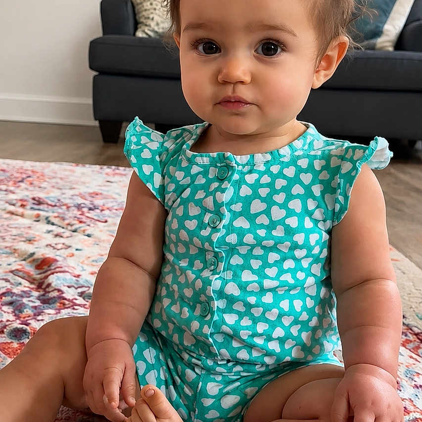 Azurae is registered to the contest to win money with this photo: baby, child, infant, sitting, curly_hair, turquoise_outfit, heart_pattern, rug, colorful_rug, living_room, sofa, cushions, clock, wooden_floor, cute, indoors, portrait, looking_at_camera, floor, home
