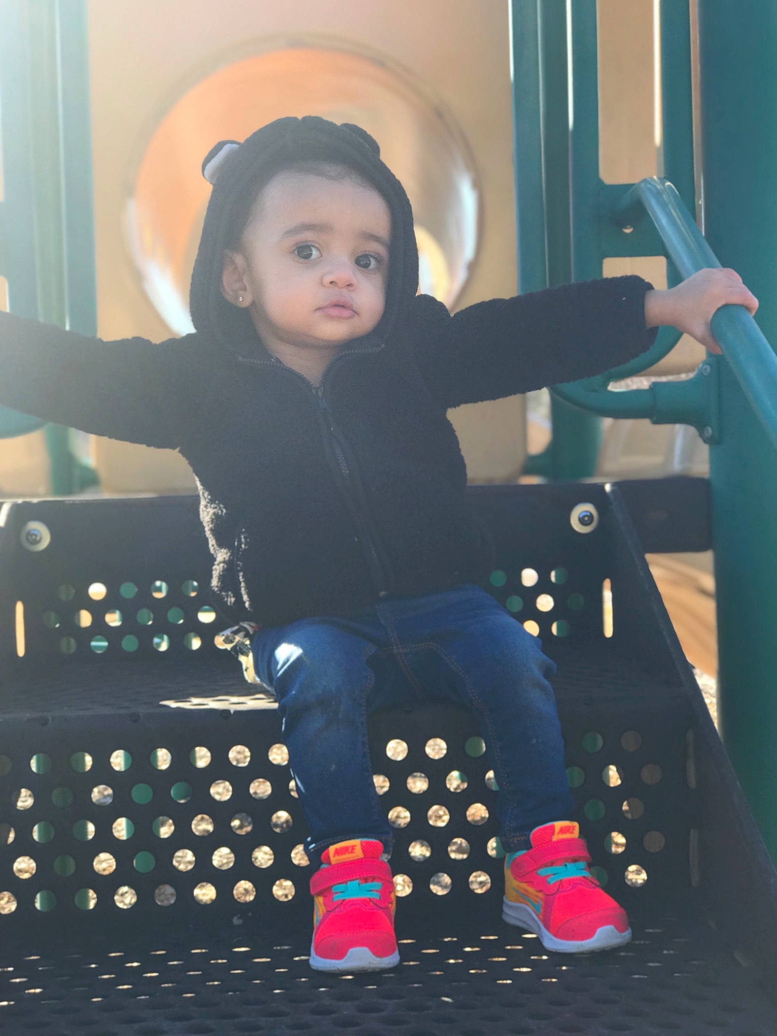 Mariyah joined the competition — help win amazing prizes! beauty, black_hair, child, child_model, design, fun, happy, jeans, long_hair, pattern, person, polka_dot, skin, smile, standing