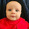 Leonidas is registered to the contest to win money with this photo: adorable, apparel, baby, baby_girl, child, closeup, cute, expression, eyes, face, head, indoors, infant, looking, person, portrait, red_clothing, skin, sweater, young