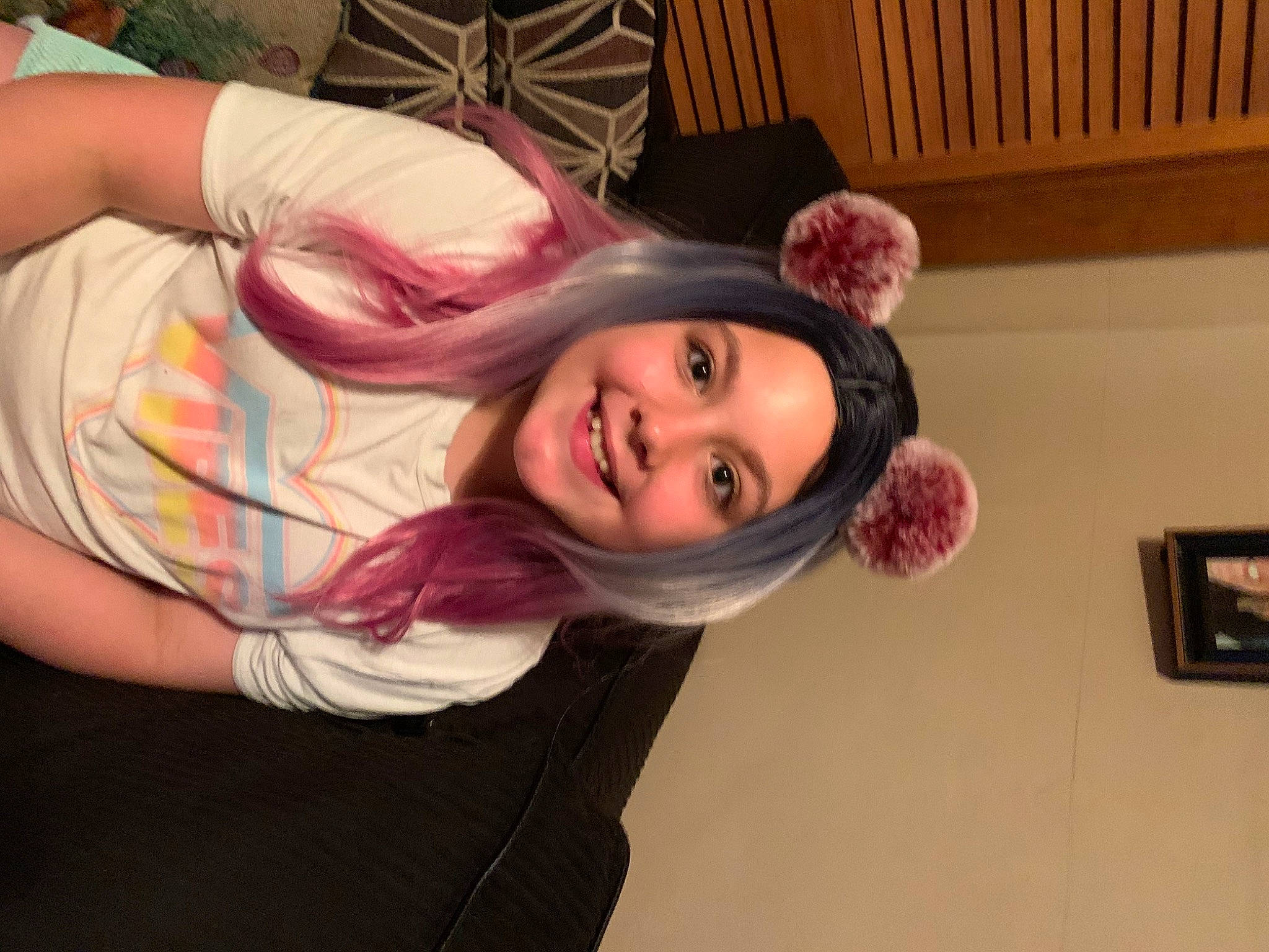 Aryonna is registered to the contest to win money with this photo: arm, black_hair, brown_hair, cheek, ear, fun, hair, hair_coloring, headwear, joy, long_hair, mouth, neck, person, pink