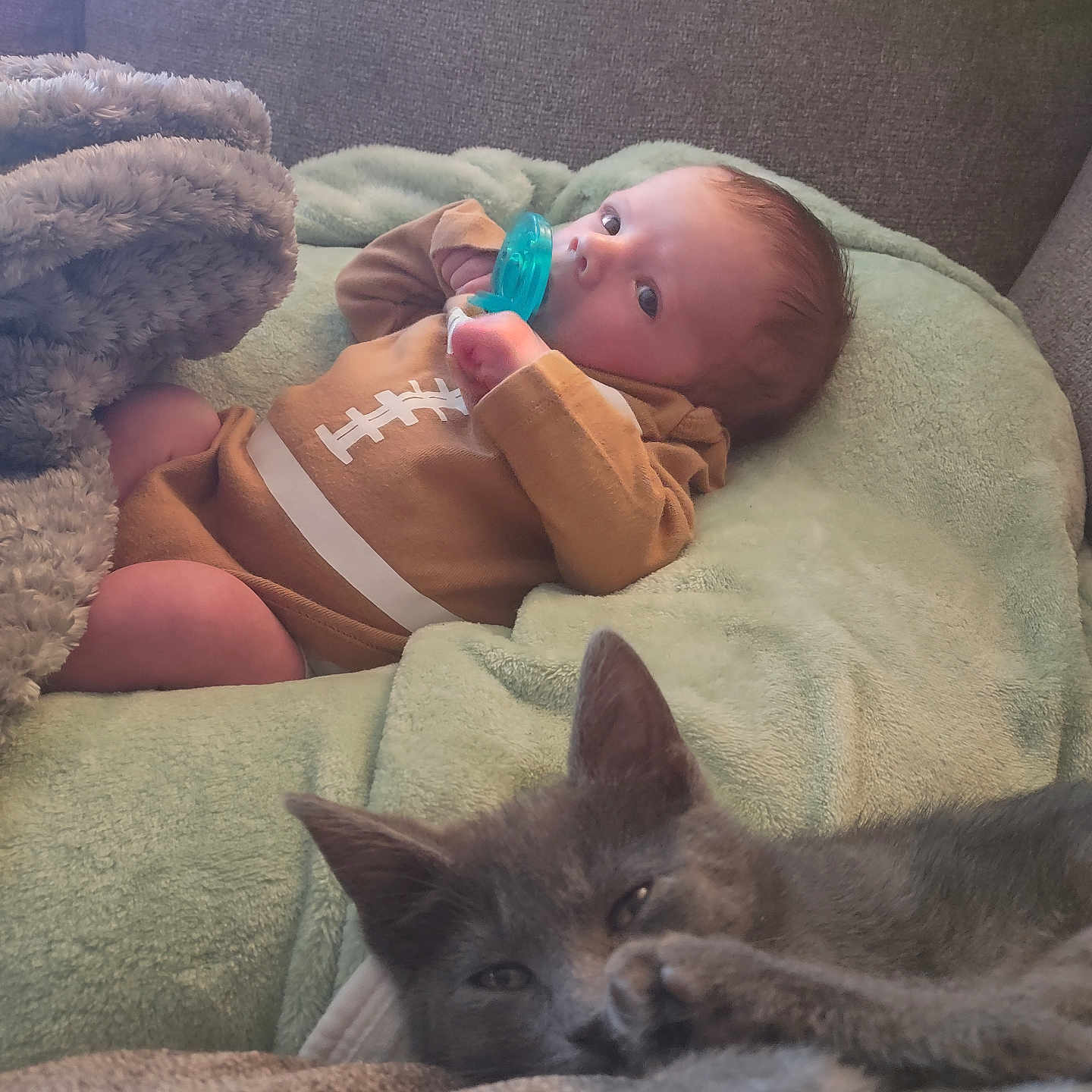 Cameron is registered to the contest to win money with this photo: baby, infant, pacifier, blanket, green_blanket, brown_onesie, football_design, cat, gray_cat, pet, sofa, couch, indoor, relaxing, sleepy_cat, cozy, soft_texture, child, cute, resting