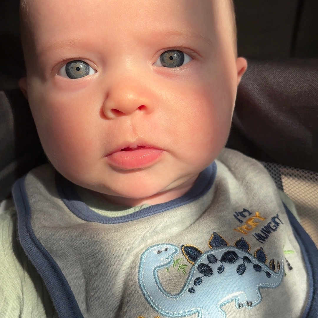 Javant joined the competition — help win amazing prizes! adorable, apparel, baby, bib, blue_eyes, child, closeup, clothing, cute, dinosaur, expression, face, indoors, infant, person, portrait, skin, soft_light, sunlight, young