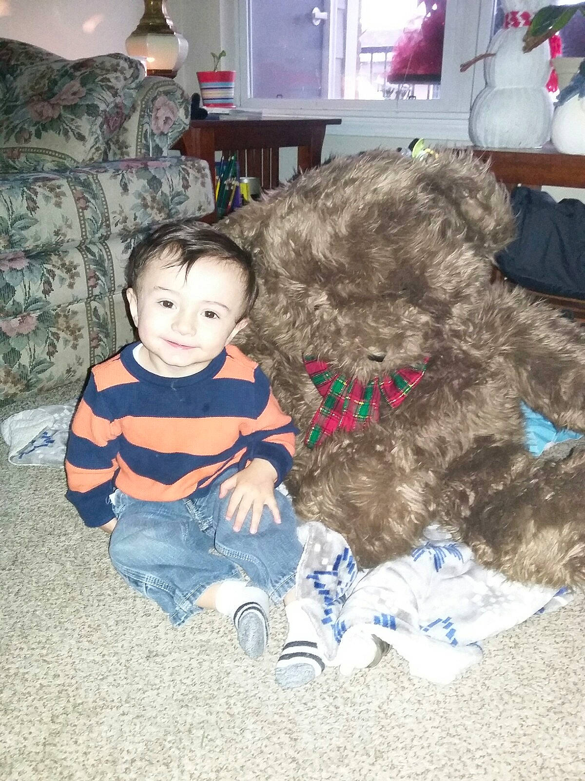 Ian joined the competition — help win amazing prizes! canidae, child, companion_dog, dog_breed, person, play, sitting, sporting_group, stuffed_toy, teddy_bear, toddler, toy