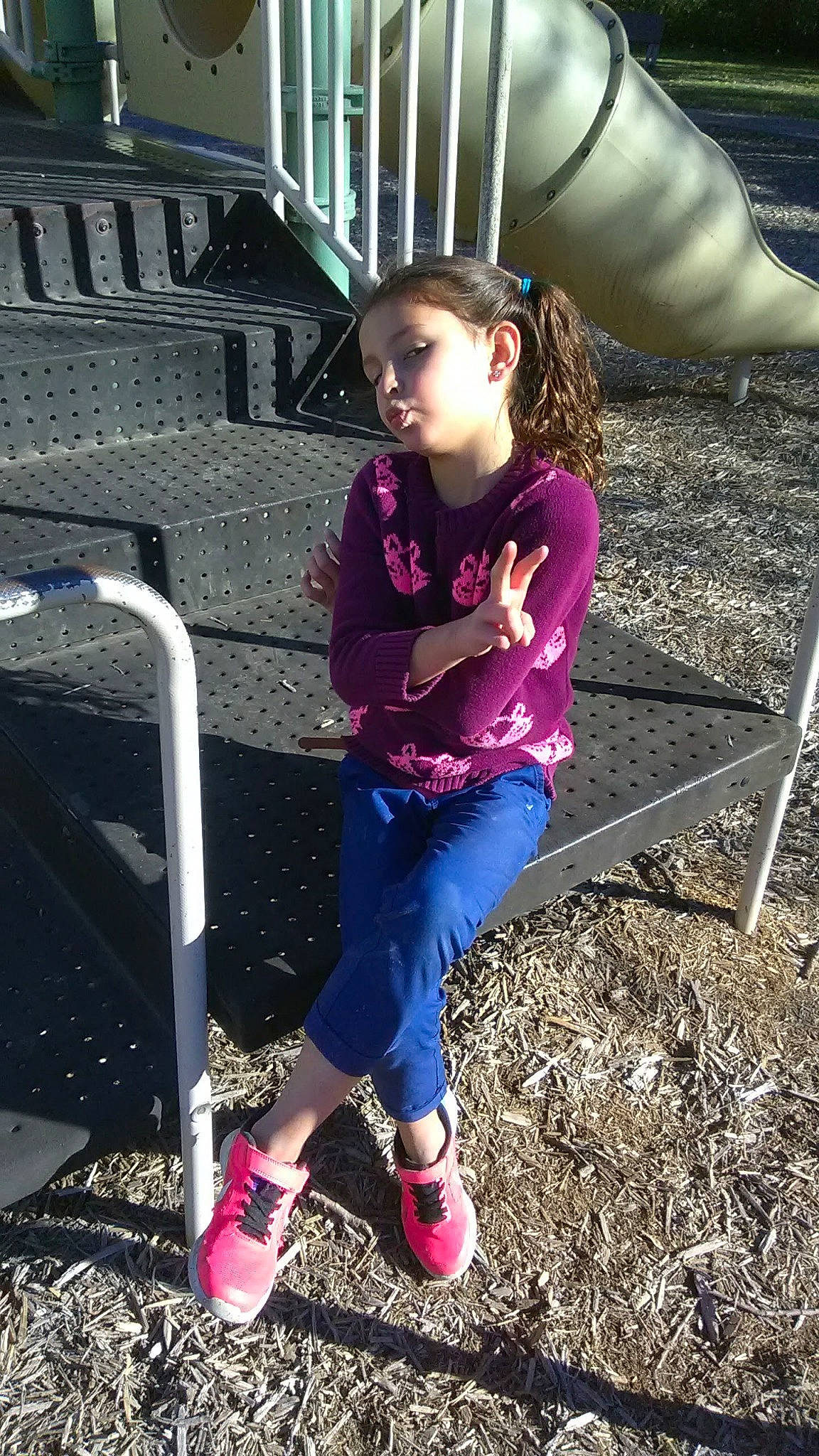 Audriana joined the competition — help win amazing prizes! child, cool, fun, leg, magenta, outdoor_play_equipment, person, pink, plant, play, playground, public_space, purple, smile, soil, toddler, tree