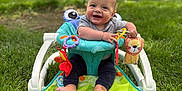 Beau joined the competition — help win amazing prizes! baby, baby_seat, blue_eyes, child, clothing, cute, face, foot, grass, greenery, happy, infant, nature, outdoor, person, playful, relaxing, smiling, summer, toy