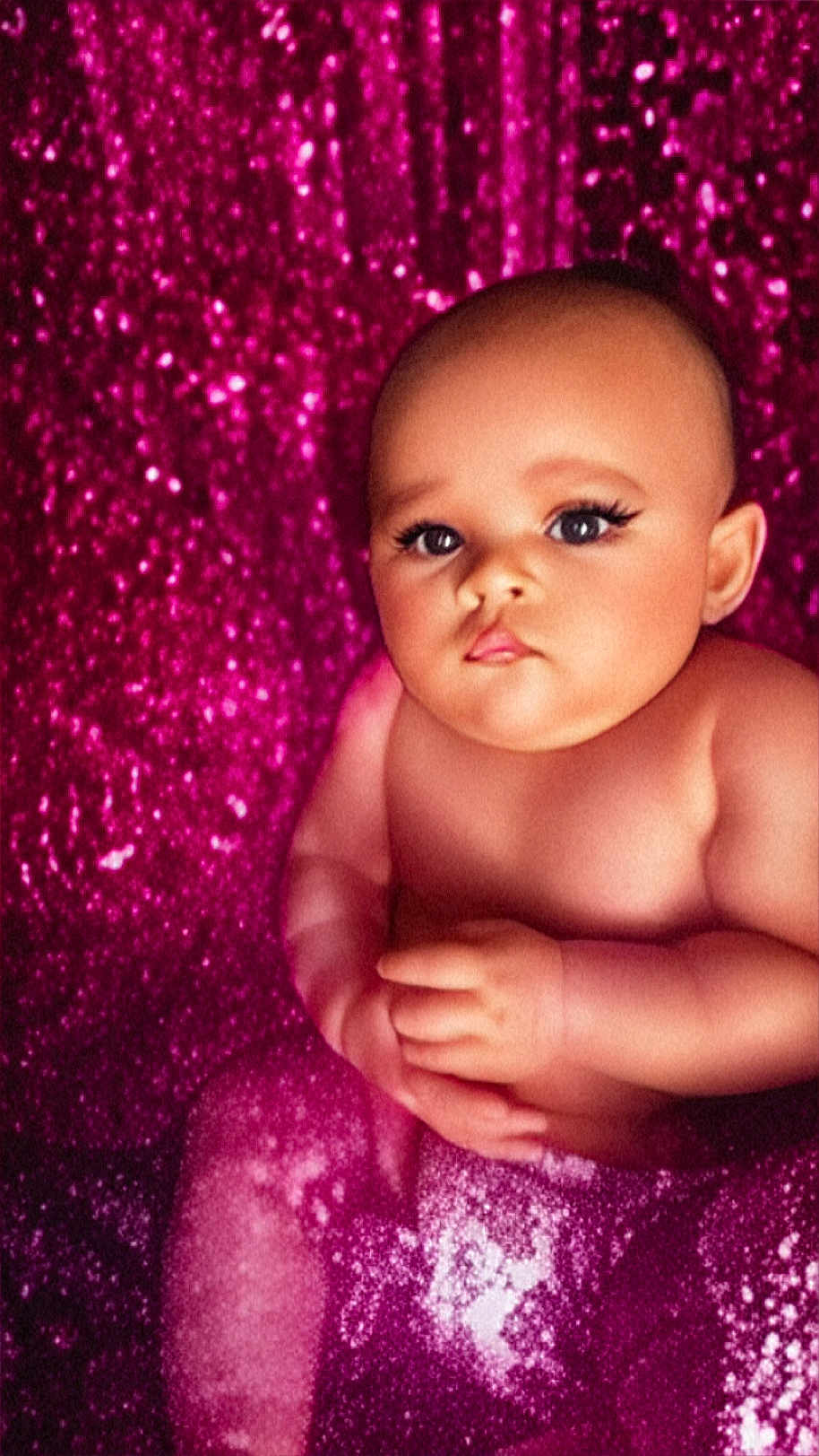 Kazara joined the competition — help win amazing prizes! baby, child, infant, face, eyes, eyelashes, skin, hands, portrait, closeup, magenta, sparkle, background, soft_light, cute, expression, nude, newborn, studio, photography