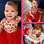 toddler, child, red_tutu, minnie_mouse, strawberry_pattern, cupcake, high_chair, smiling, laughing, eating, floor, wooden_floor, collage, baby_clothes, happy, cute, indoor, photography, playful, celebration