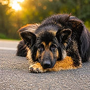 Rubby participe au concours pour gagner de l'argent avec cette photo : dog, german_shepherd, animal, pet, lying_down, road, sunset, outdoor, nature, fur, portrait, canine, looking, ears, closeup, expression, peaceful, evening, soft_light, background_blur