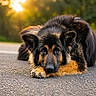 dog, german_shepherd, animal, pet, lying_down, road, sunset, outdoor, nature, fur, portrait, canine, looking, ears, closeup, expression, peaceful, evening, soft_light, background_blur