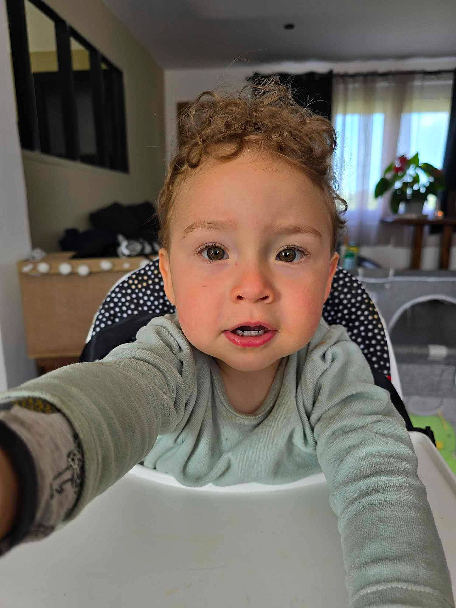 Ryan participe au concours pour gagner de l'argent avec cette photo : baby_toddler_clothing, chair, cheek, eyebrow, eyelash, flooring, flowerpot, fun, gesture, happy, houseplant, iris, neck, nose, person, picture_frame, plant, shoulder, sleeve, t_shirt