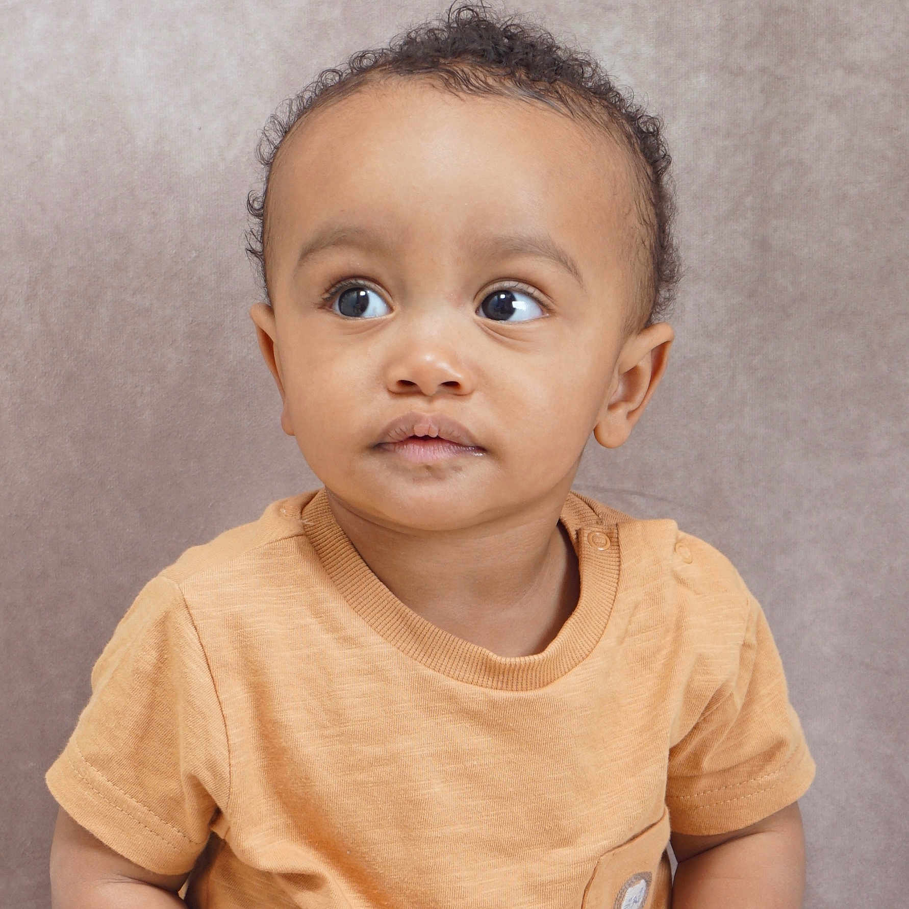 Blair-Ryser is registered to the contest to win money with this photo: baby, brown_skin, casual_clothing, child, curly_hair, cute, expression, eyes, face, head_and_shoulders, indoor, looking_away, person, portrait, shirt, short_sleeves, soft_background, studio, toddler, young