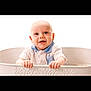 baby, infant, smiling, happy, face, hands, white_tub, clothing, blue_collar, cute, child, portrait, studio, bright_background, isolated, sitting, young, skin, head, expression