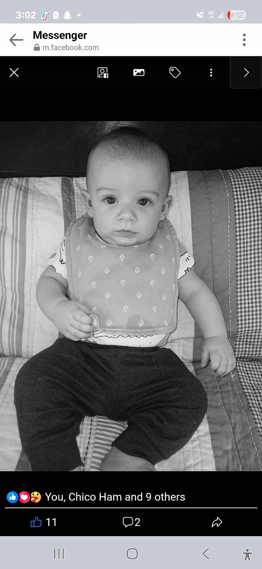 Rowdie joined the competition — help win amazing prizes! baby, child, infant, bib, clothing, pants, quilt, pattern, face, eyes, sitting, indoors, portrait, black_and_white, expression, cute, young, person, head, hand