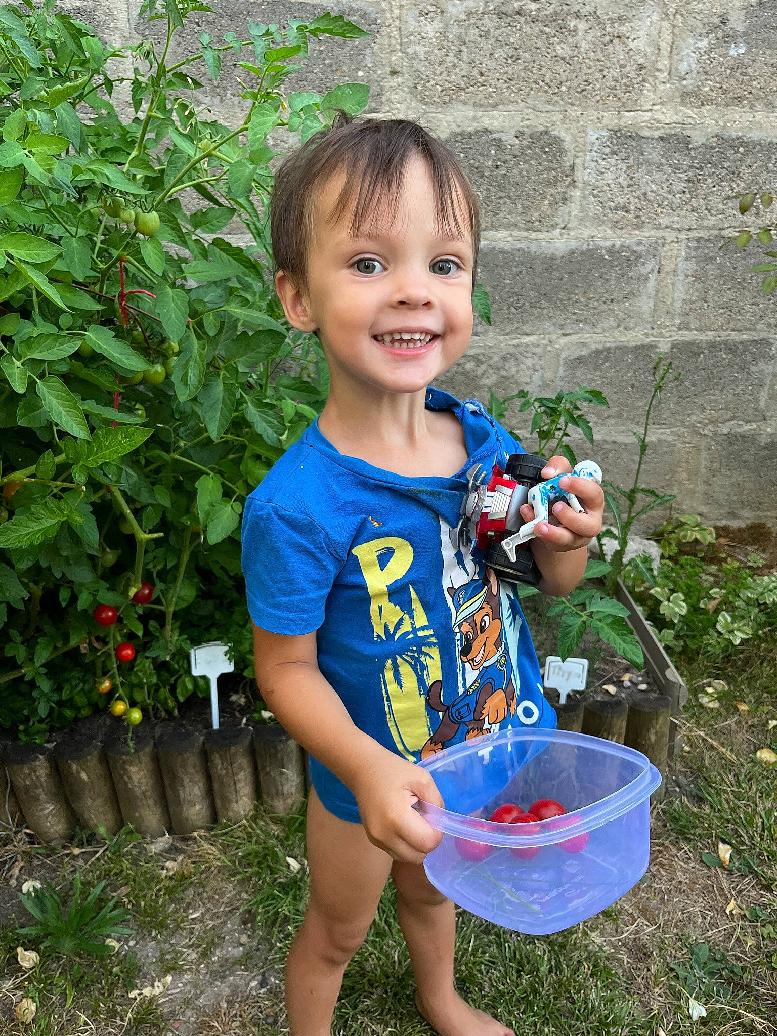 Tony participe au concours pour gagner de l'argent avec cette photo : baby_toddler_clothing, barefoot, bucket, child, electric_blue, flower, fun, garden, gardening, grass, happy, joy, leisure, people_in_nature, person, plant, smile, summer, t_shirt, toddler