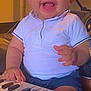 baby, blue_shorts, child, closeup, colorful, cute, drool, face, furniture, hands, happy, indoor, infant, music_toy, person, playing, seat, smiling, toy_keyboard, white_shirt
