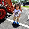 Namari is registered to the contest to win money with this photo: asphalt, blue_shoes, casual_clothing, child, construction_vehicle, curly_hair, daylight, happy, khaki_shorts, outdoor, parking_lot, person, shadow, small_person, smile, sunny_day, toddler, trees, vehicles, white_tshirt