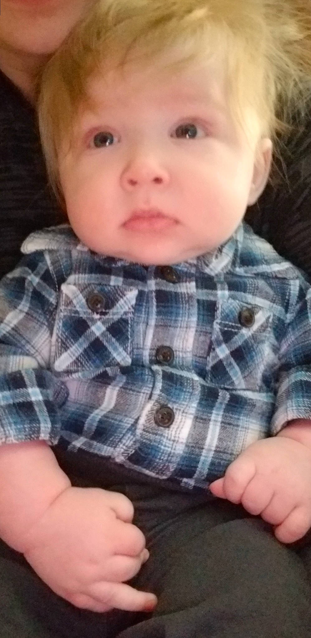 Dmitri joined the competition — help win amazing prizes! baby, blond, cheek, child, chin, close_up, design, eye, face, finger, head, lip, mouth, nose, pattern, person, plaid, sitting, skin, tartan