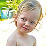 bare_chest, child, cute, face, greenery, happy, head, nature, outdoor, person, playful, portrait, skin, smile, summer, sunlight, toddler, watering_can, wet_hair, young_child