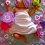 adorable, baby, baby_accessories, baby_care, child, clip, cute, green_dinosaur, heart_decorations, infant, pacifier, pink_hearts, plush_toy, purple_towel, relaxation, skin_care, sleeping, soft_surface, towel, wrapped