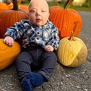 Ezra is registered to the contest to win money with this photo: baby, infant, child, pumpkin, pumpkins, white_pumpkin, plaid_shirt, flannel, jeans, socks, fall, autumn, outdoor, portrait, sitting, closeup, driveway, orange, cute, seasonal