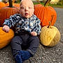 baby, infant, child, pumpkin, pumpkins, white_pumpkin, plaid_shirt, flannel, jeans, socks, fall, autumn, outdoor, portrait, sitting, closeup, driveway, orange, cute, seasonal