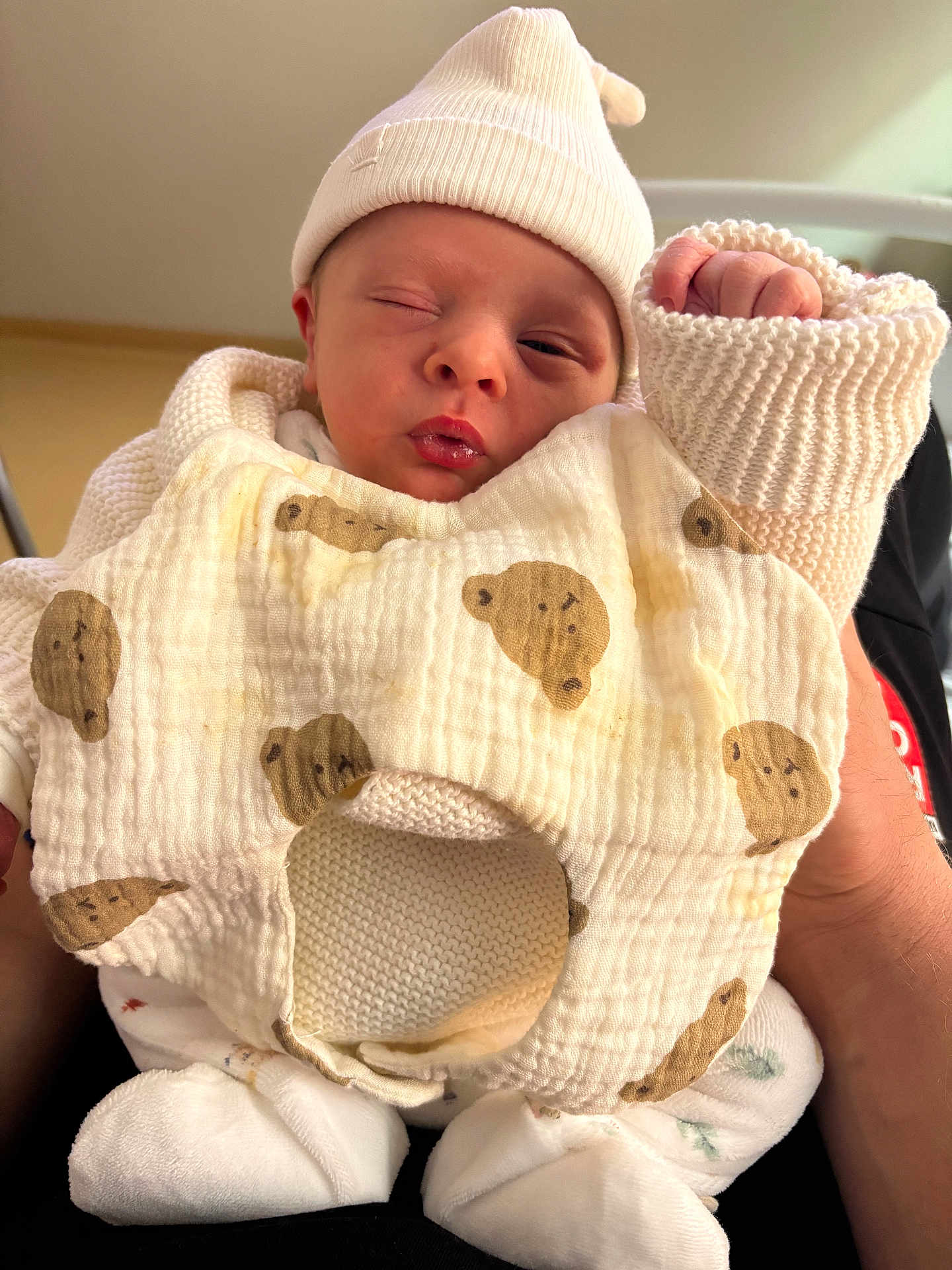 Mylann participe au concours pour gagner de l'argent avec cette photo : baby, newborn, infant, hat, knitted_clothing, bib, bear_pattern, sleepy, face, hand, white_clothing, soft_texture, cute, person_holding, indoor, closeup, adorable, child, newborn_baby, resting