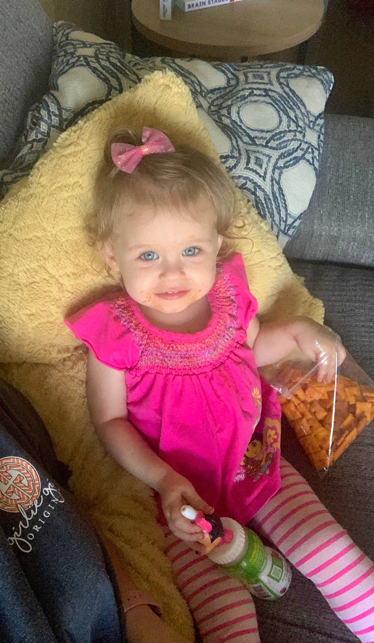 Della joined the competition — help win amazing prizes! baby_toddler_clothing, cheek, child, dress, eye, face, facial_expression, happy, head, iris, joy, lip, magenta, person, pink, product, purple, skin, sleeve, smile