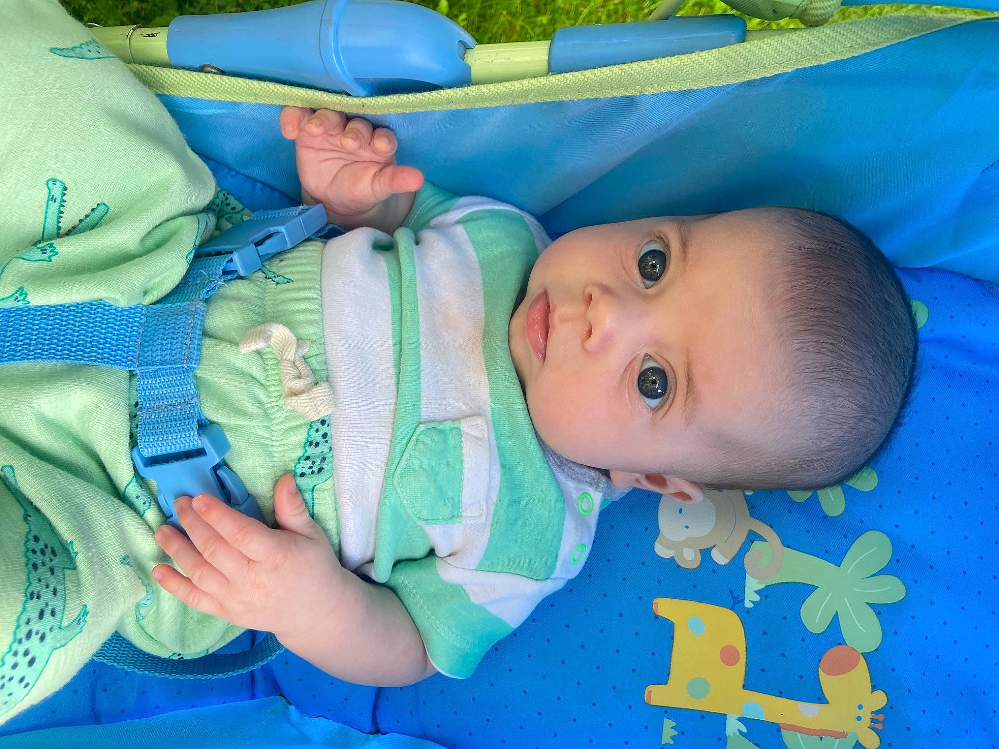 Paxton is registered to the contest to win money with this photo: baby, baby_products, baby_safety, baby_toddler_clothing, baby_toys, bedtime, blue, child, comfort, face, grass, infant_bed, linens, nap, people, person, product, room, skin, sleep