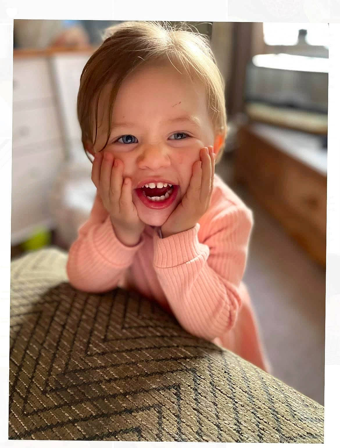 Hattie joined the competition — help win amazing prizes! cheek, comfort, eye, face, gesture, hand, happy, head, iris, jaw, lip, neck, nose, person, sleeve, smile, thumb, toddler, tooth, window