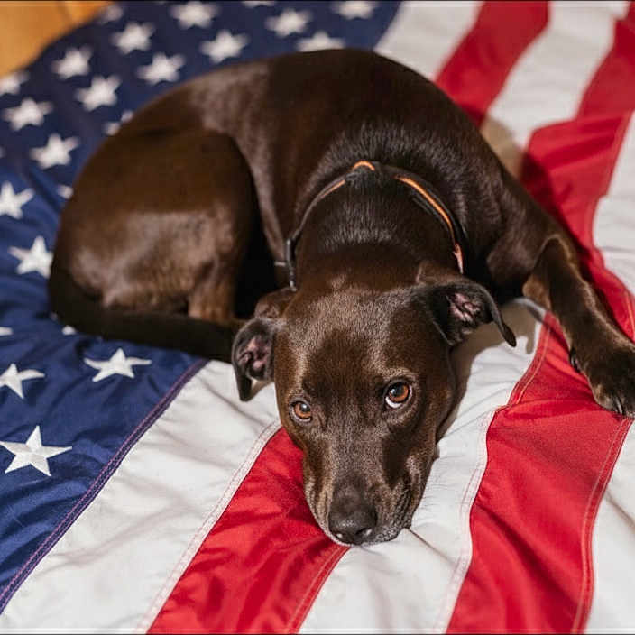 Lily Bug joined the competition — help win amazing prizes! american_flag, animal, brown_dog, canine, collar, companion, cute, dog, domestic_animal, ears, fur, indoor, looking_up, lying_down, patriotic, pet, portrait, relaxed, resting, sleepy